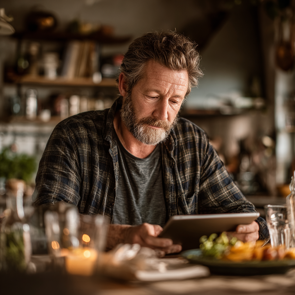 Чоловік 52 роки розглядає персоналізоване меню на планшеті за кухонним столом