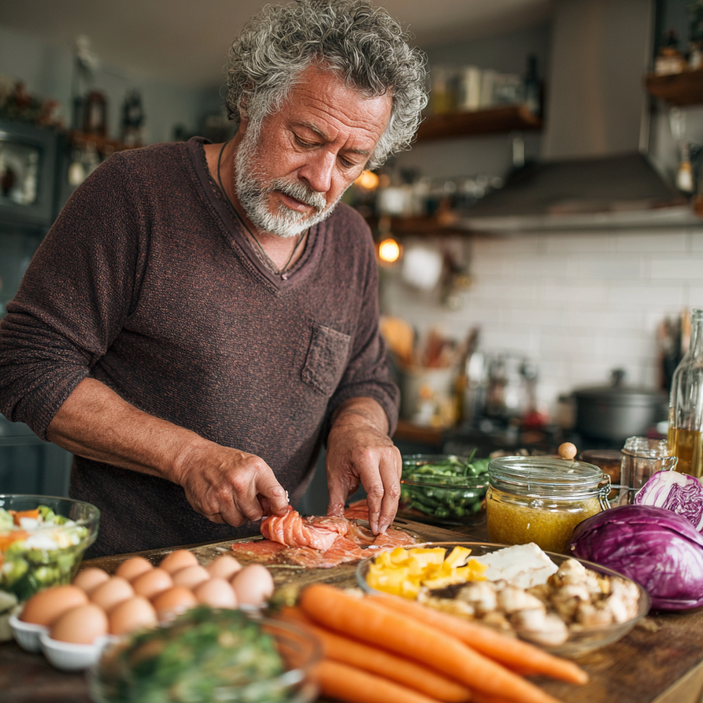Чоловік 58 років готує збалансований обід на кухні з різноманітними продуктами