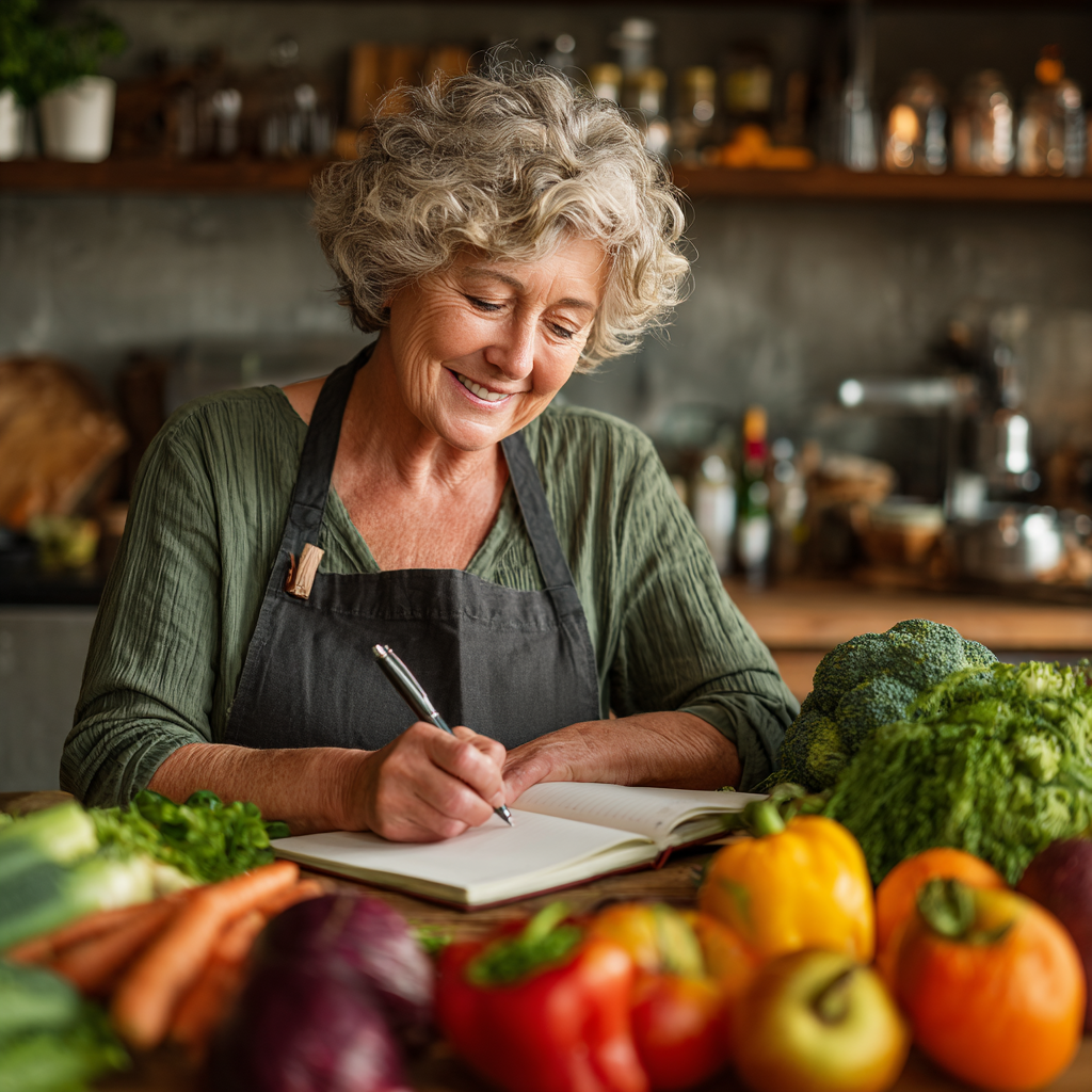 Жінка 55 років планує здорове харчування за столом з овочами та фруктами