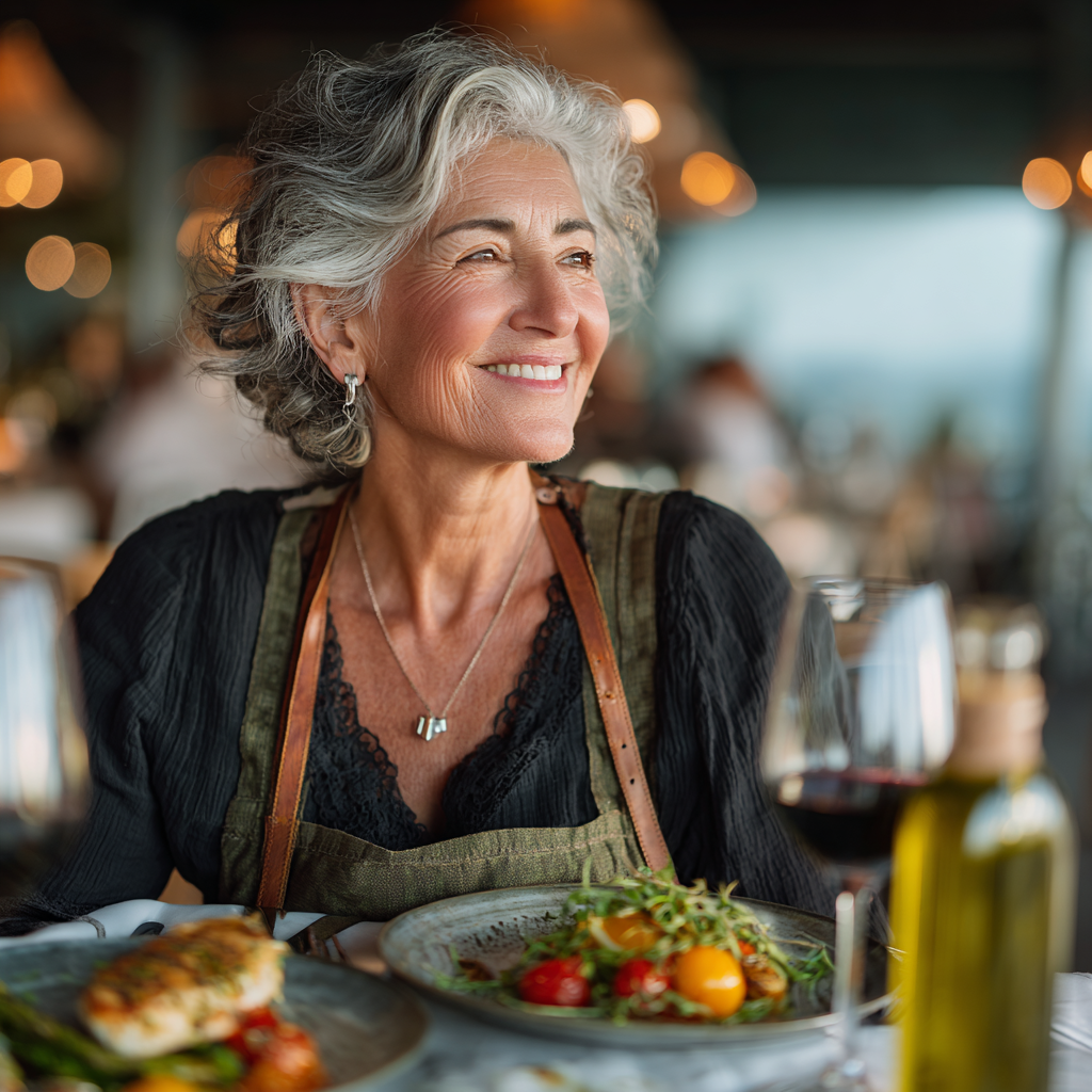 Жінка 60 років насолоджується здоровою їжею в ресторані, посміхається